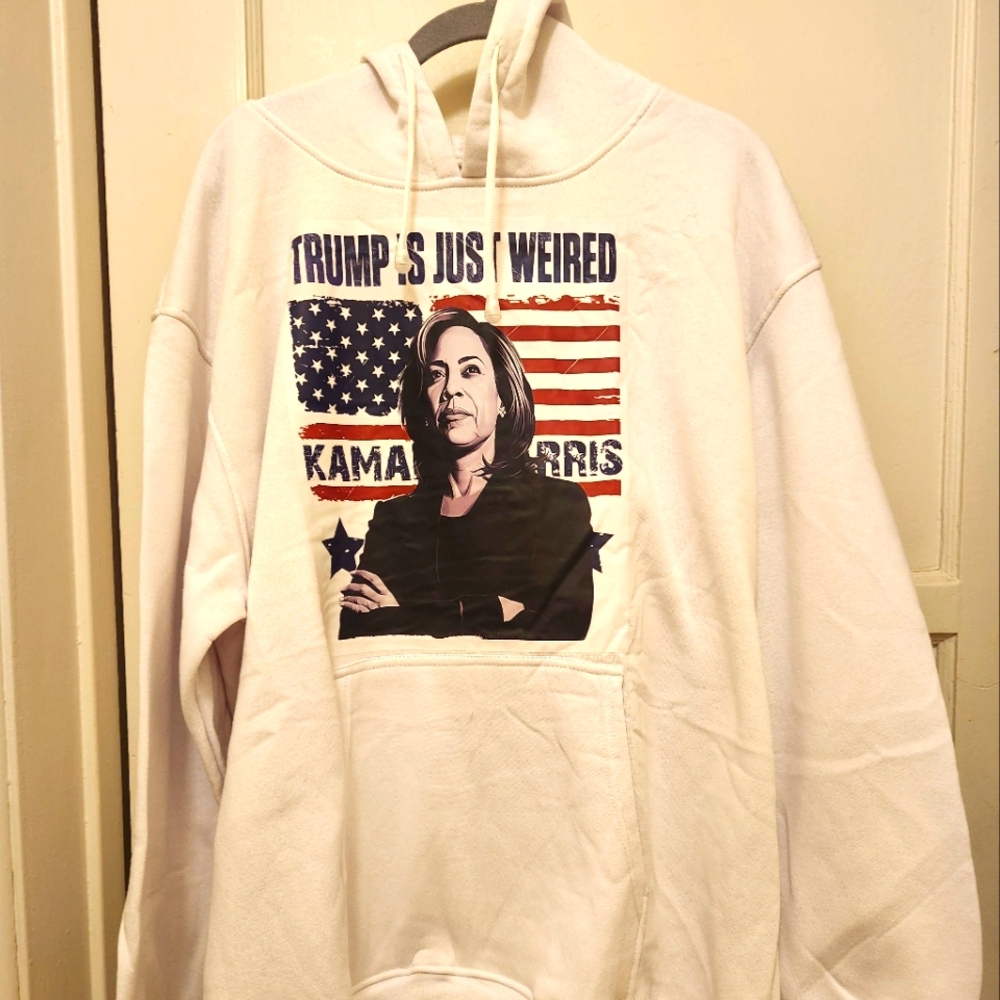 Men's custom made long sleeved hooded sweatshirt. "Trump is just weird ".